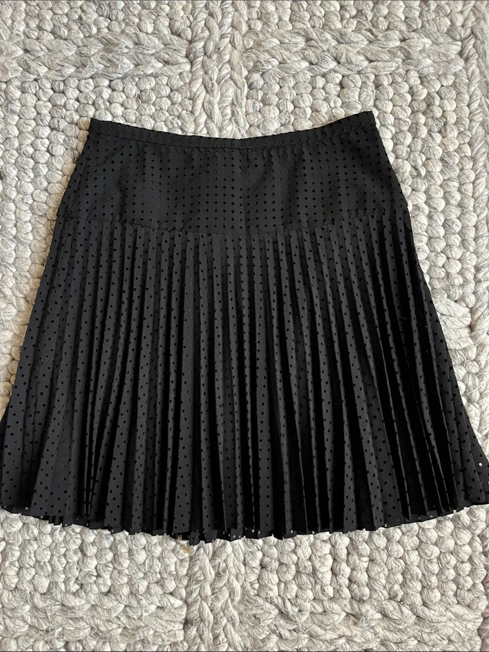J. Crew black laser cut pleated A-line skirt.
